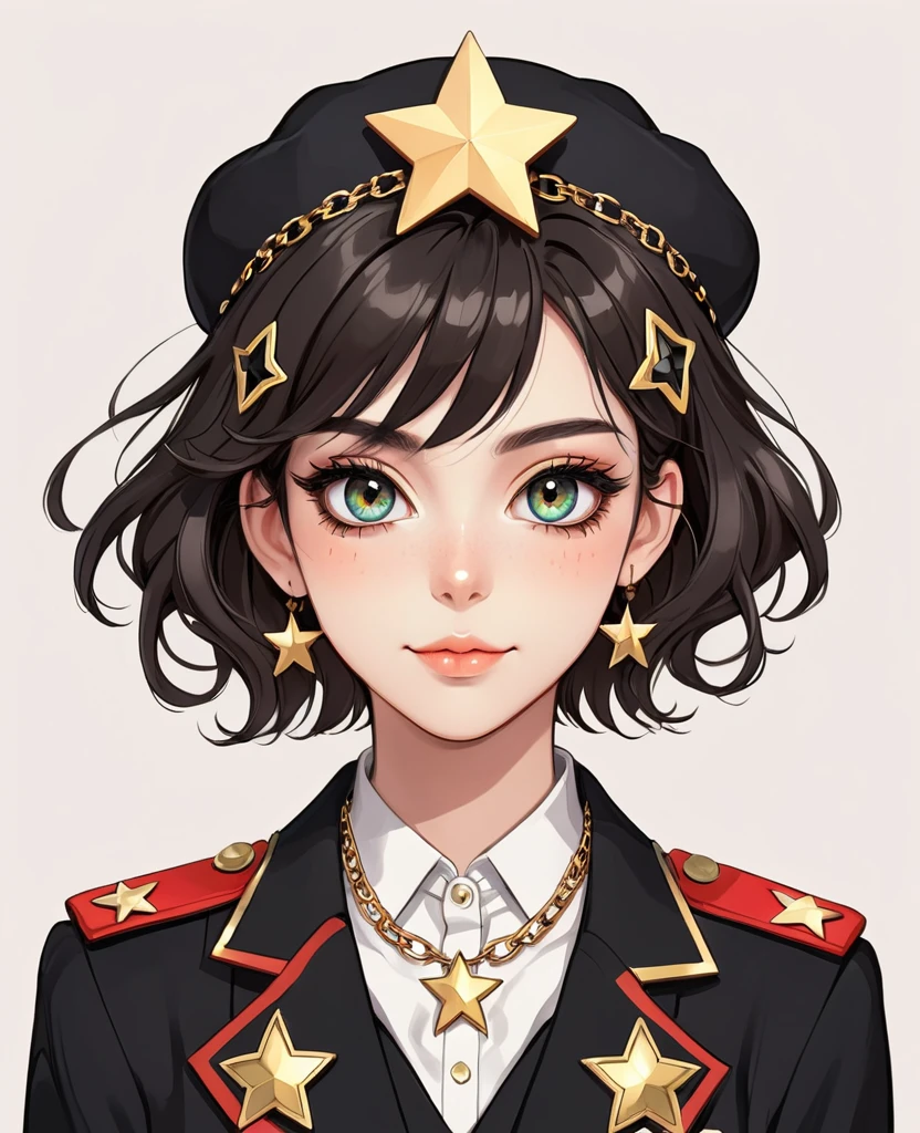 (Digital Illustration,Detailed anime style girl portrait,solitary,symmetry),(Colorful big eyes,Fashionable and exquisite facial features,Exquisite makeup,sweet smile,Star symbol on cheek,Soulful gaze,),(Fluffy bread,hairpin),(Black suit,Epaulette Chain,Cool,),Clean and simple white background,(((Correct human anatomy))),belt