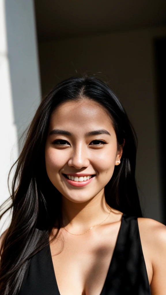 RAW photo, face portrait photo of beautiful 26 y.o woman, cute face, wearing black dress, happy face, hard shadows, cinematic shot, dramatic lighting