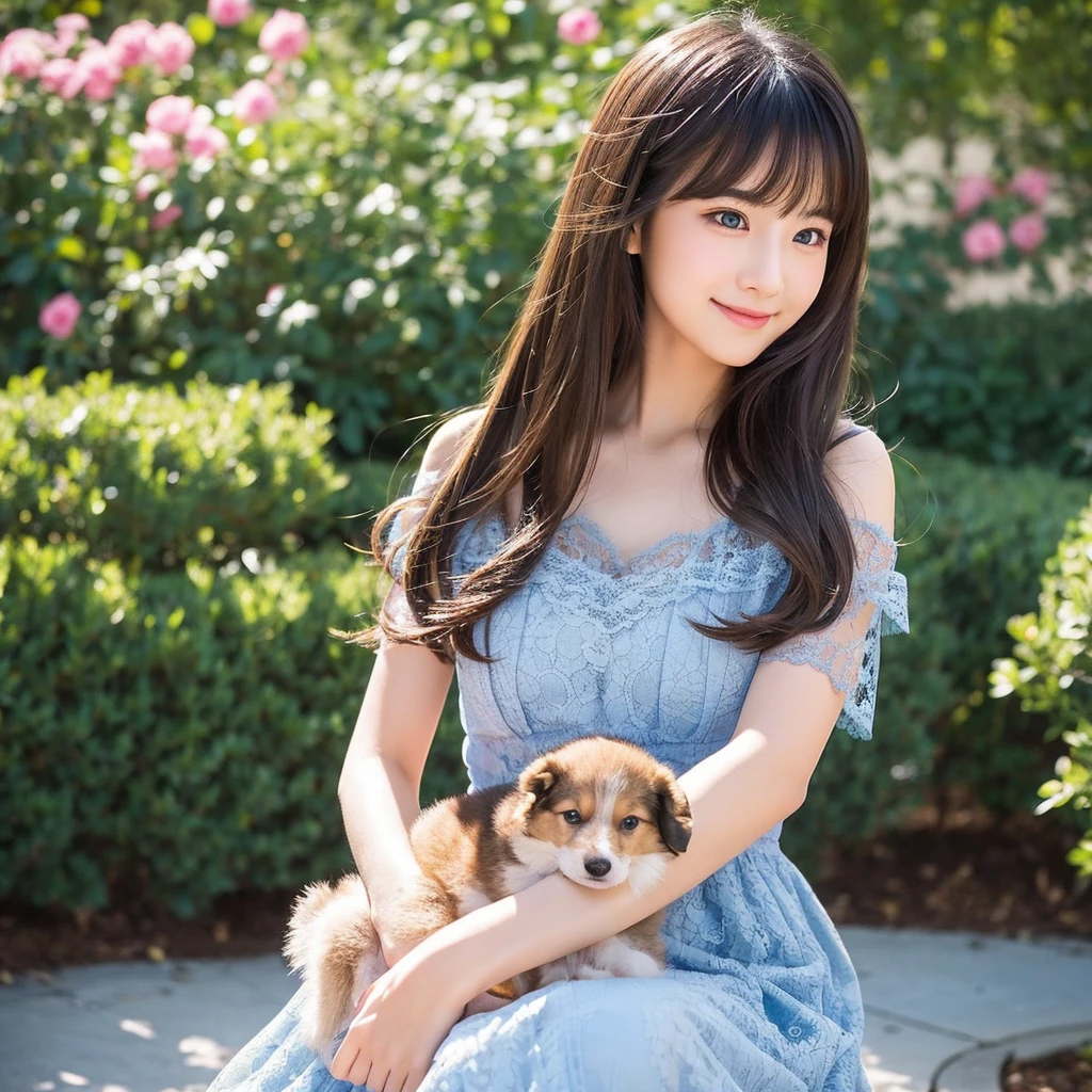 Create an anime-style portrait of a young Japanese girl with flowing dark brown hair. The girl should have large, expressive blue eyes and a soft, gentle expression with a warm and kind smile. She should be holding a cute puppy in her arms, adding a sense of warmth and companionship to the scene. The background should be a blend of warm and cool colors that complement the overall composition. She should be wearing a black lace dress with intricate details, adding a touch of elegance to her appearance. The overall mood of the artwork should be cheerful and inviting, capturing the girl's gentle and friendly demeanor.