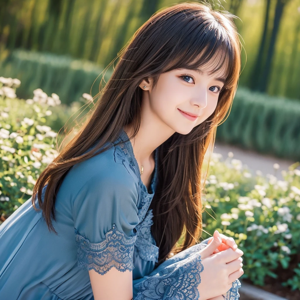 Create an anime-style portrait of a young Japanese girl with flowing dark brown hair. The girl should have large, expressive blue eyes and a soft, gentle expression with a warm and kind smile. She should be holding a cute puppy in her arms, adding a sense of warmth and companionship to the scene. The background should be a blend of warm and cool colors that complement the overall composition. She should be wearing a black lace dress with intricate details, adding a touch of elegance to her appearance. The overall mood of the artwork should be cheerful and inviting, capturing the girl's gentle and friendly demeanor.