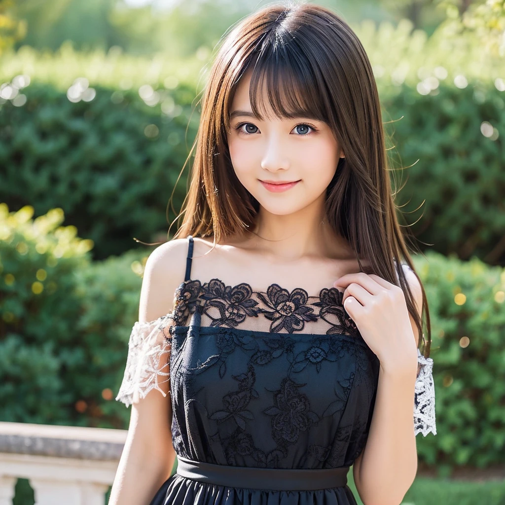 Create an anime-style portrait of a young Japanese girl with flowing dark brown hair. The girl should have large, expressive blue eyes and a soft, gentle expression with a warm and kind smile. She should be holding a cute puppy in her arms, adding a sense of warmth and companionship to the scene. The background should be a blend of warm and cool colors that complement the overall composition. She should be wearing a black lace dress with intricate details, adding a touch of elegance to her appearance. The overall mood of the artwork should be cheerful and inviting, capturing the girl's gentle and friendly demeanor.