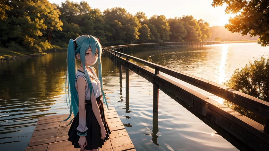 Hatsune Miku is standing on a wooden bridge lit by the setting sun in an upscaled scene。She stared into the distance、I&#39;m reminiscing on fond memories。Surrounded by a quiet lake、Her hair is blowing in the wind。This scene is、It has a calm and emotive atmosphere that connects the past and the present.。