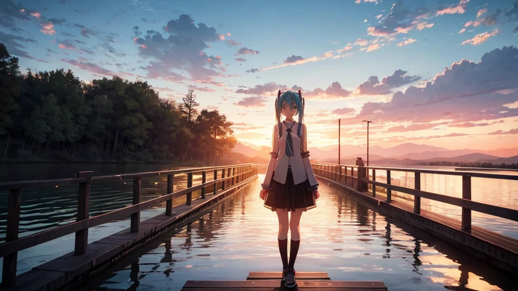 Hatsune Miku is standing on a wooden bridge lit by the setting sun in an upscaled scene。She stared into the distance、I&#39;m reminiscing on fond memories。Surrounded by a quiet lake、Her hair is blowing in the wind。This scene is、It has a calm and emotive atmosphere that connects the past and the present.。