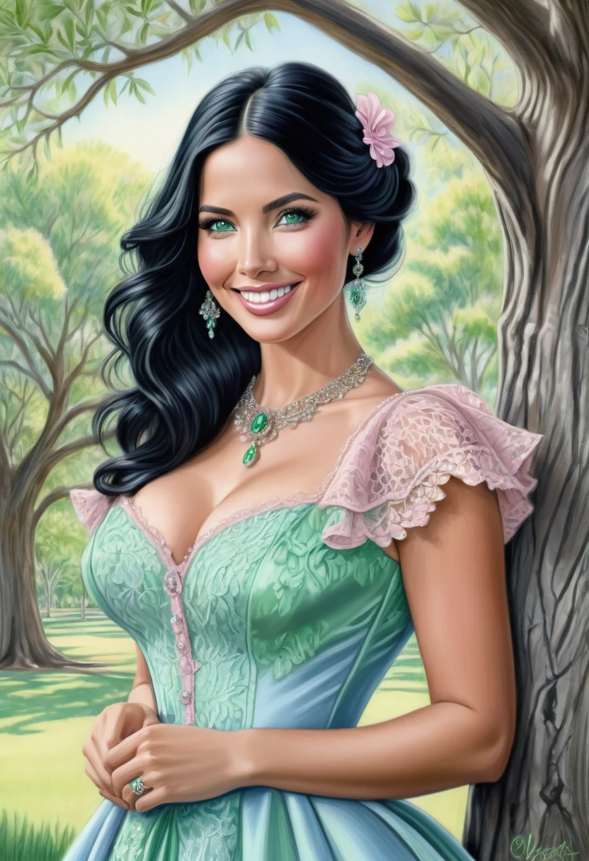 A colored pencil sketch of a beautiful victorian women who lokks like Kim Kardashian. Light Pink and Light blue dress. Green Eyes, Wide innocent smile, lace, jewels, large eyes, filligree. Pitch black hair.
