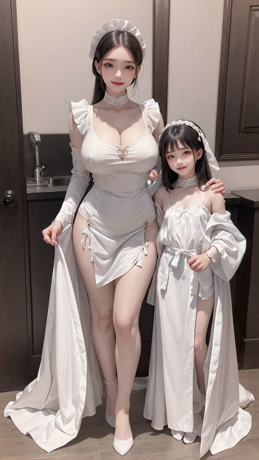 see through clothes(Full body female love:1.3)，best quality, masterpiece, ultra high resolution, (lifelike:1.4), original photo, 1 female,30 years old， black hair, big eyes, Detailed eyes and face,huge breasts，split，long legs，Belted robe open ，bare shoulder，no underwear:1.5,see through clothes，Hollow material white clothes，kitchen:1.3，Smile、sleeveless costume、((Maid clothes))、((She is carrying her 10 years old daughter))、Extremely revealing clothing