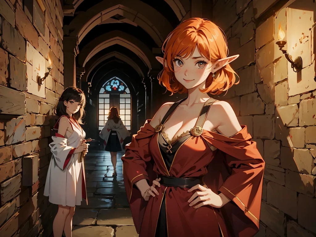 (masterpiece, high resolution, ultra - detailed:1.0),1 girl, Young and beautiful women, eyes looking away from camera, ((grinning)), Perfect female body, (upper body), (medieval room), Extremely detailed CG, Unity 8k wallpaper, Complicated details, solo person, (blue eyes), asian eyes, (medium black hair), ((cute robes)), bare_shoulders, short skirt, cleavage, marble hallway, (torches), (sandstone design),((Dark night)), Portrait, color difference, Depth of field, dramatic shadows, Ray tracing, Best quality, Cinematic lighting ,official art,