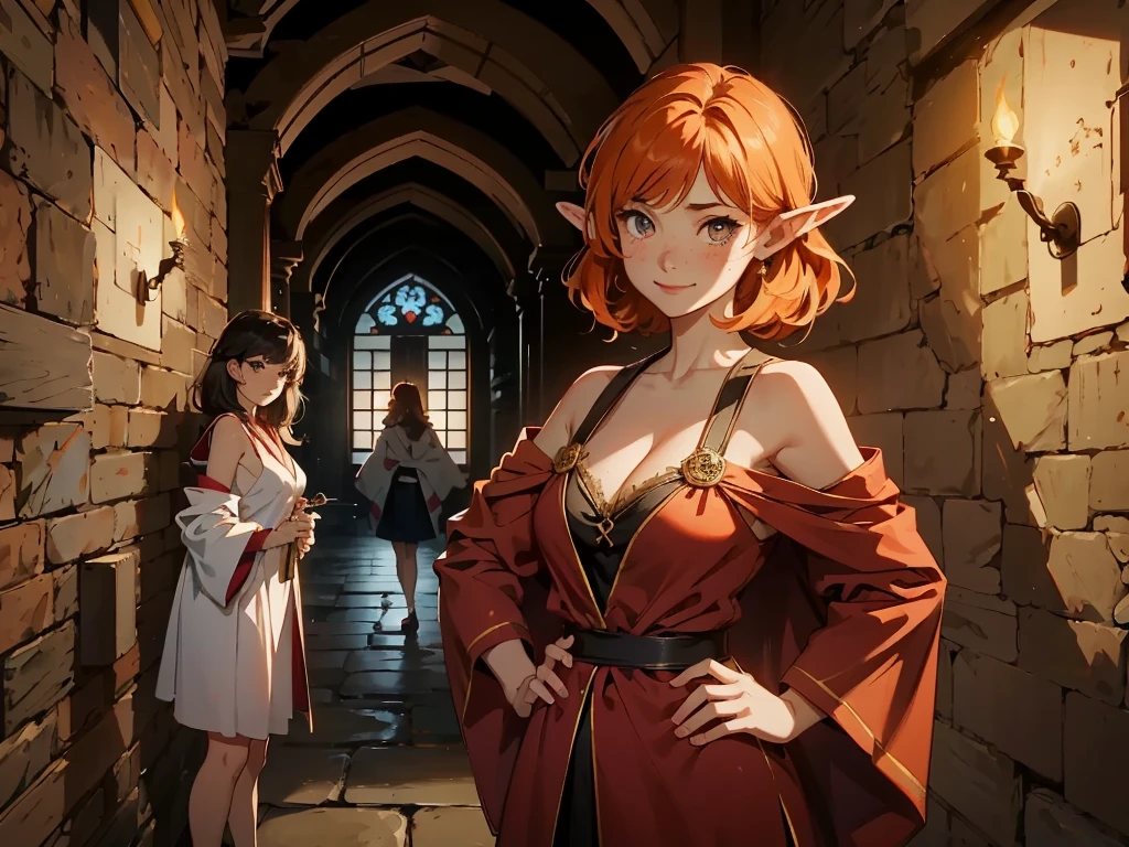 (masterpiece, high resolution, ultra - detailed:1.0),1 girl, Young and beautiful women, eyes looking away from camera, ((grinning)), Perfect female body, (upper body), (medieval room), Extremely detailed CG, Unity 8k wallpaper, Complicated details, solo person, (blue eyes), asian eyes, (medium black hair), ((cute robes)), bare_shoulders, short skirt, cleavage, marble hallway, (torches), (sandstone design),((Dark night)), Portrait, color difference, Depth of field, dramatic shadows, Ray tracing, Best quality, Cinematic lighting ,official art,