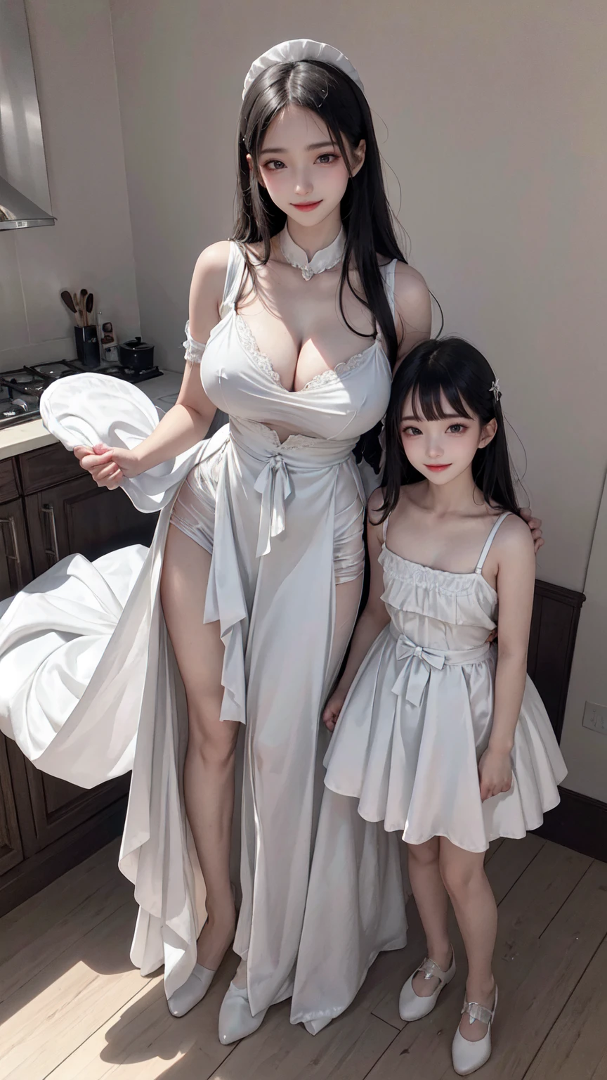 see through clothes(Full body female love:1.3)，best quality, masterpiece, ultra high resolution, (lifelike:1.4), original photo, 1 female,30 years old， black hair, big eyes, Detailed eyes and face,huge breasts，split，long legs，Belted robe open ，bare shoulder，no underwear:1.5,see through clothes，Hollow material white clothes，kitchen:1.3，Smile、sleeveless costume、((Maid clothes))、((She is carrying her 10 years old daughter))、Extremely revealing clothing