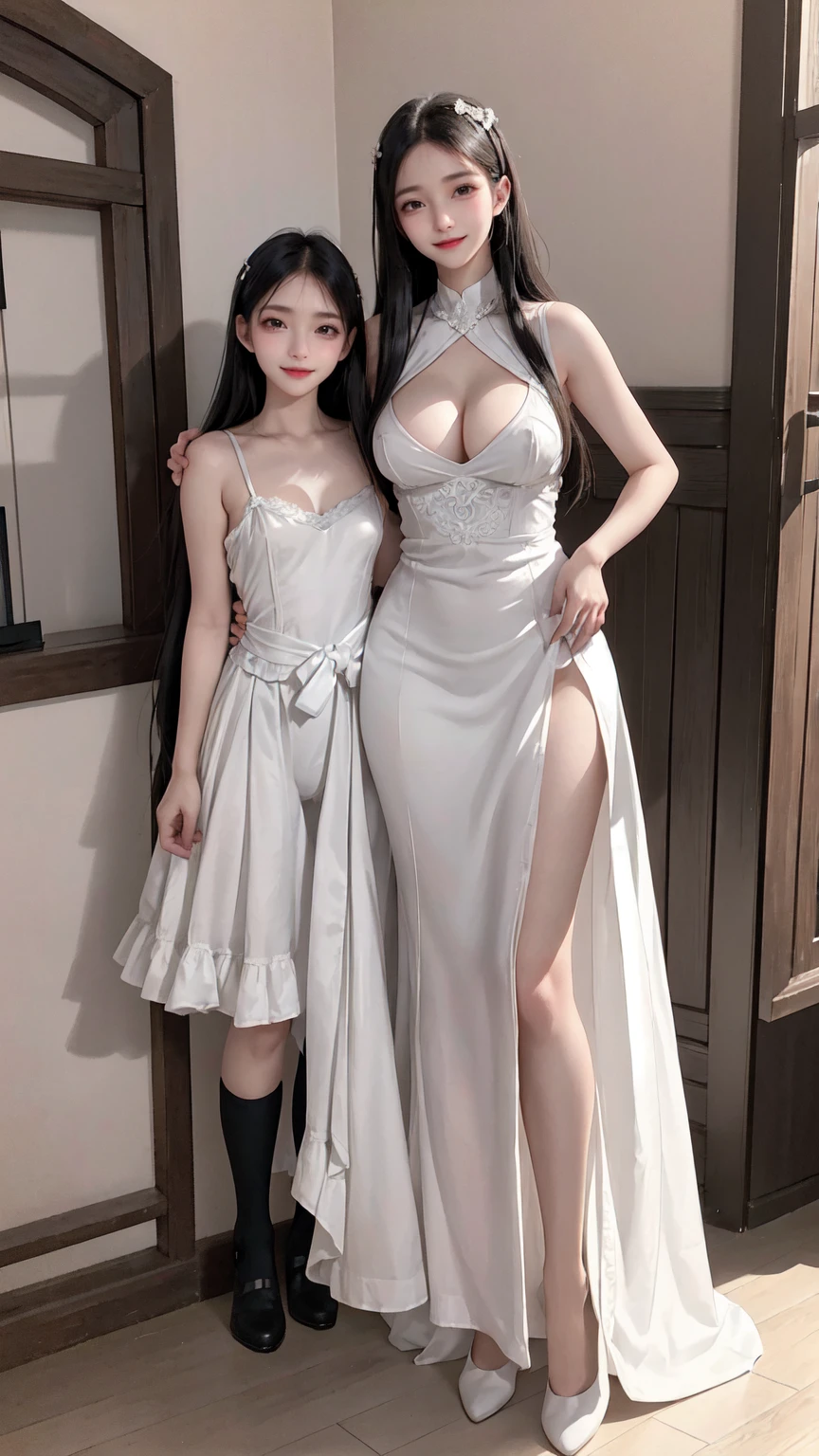 see through clothes(Full body female love:1.3)，best quality, masterpiece, ultra high resolution, (lifelike:1.4), original photo, 1 female,30 years old， black hair, big eyes, Detailed eyes and face,huge breasts，split，long legs，Belted robe open ，bare shoulder，no underwear:1.5,see through clothes，Hollow material white clothes，kitchen:1.3，Smile、sleeveless costume、((Maid clothes))、((She is carrying her  daughter))、Extremely revealing clothing