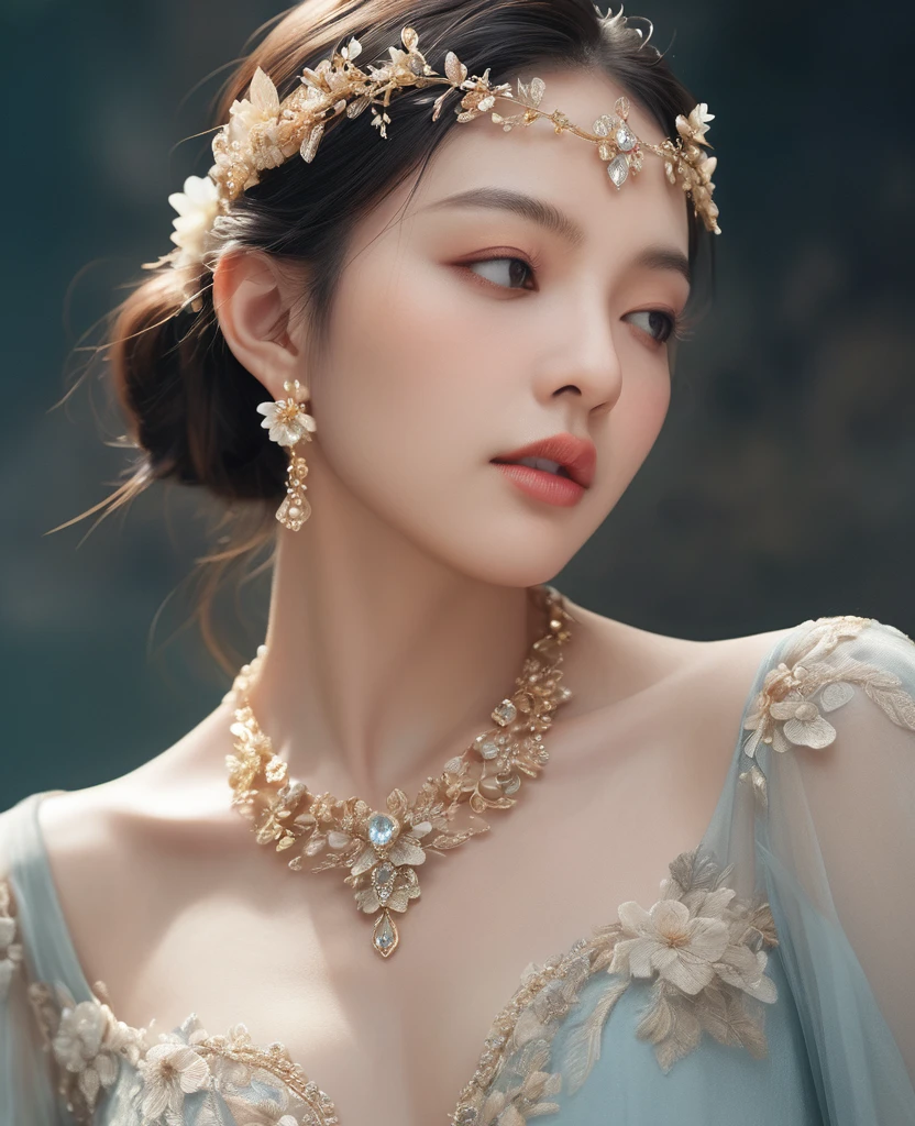 (Highest quality,8k,High resolution,masterpiece:1.2),Super detailed,(Realistic,Realistic,Photorealistic:1.37),Creative style artwork,historic,Classic,Sophisticated,Variety of colors,Very detailed,Soft lighting,Luxurious surroundings,Detailed gown,Bright flowers,Elaborate jewelry,Ethereal atmosphere,Elegant pose,Graceful curves,Gold Body Proportion,Flowing hair,Breathtaking textile patterns,Delicate floral decoration,A stunning array of crystal accessories,Mysterious and dreamy atmosphere,Perfect attention to detail