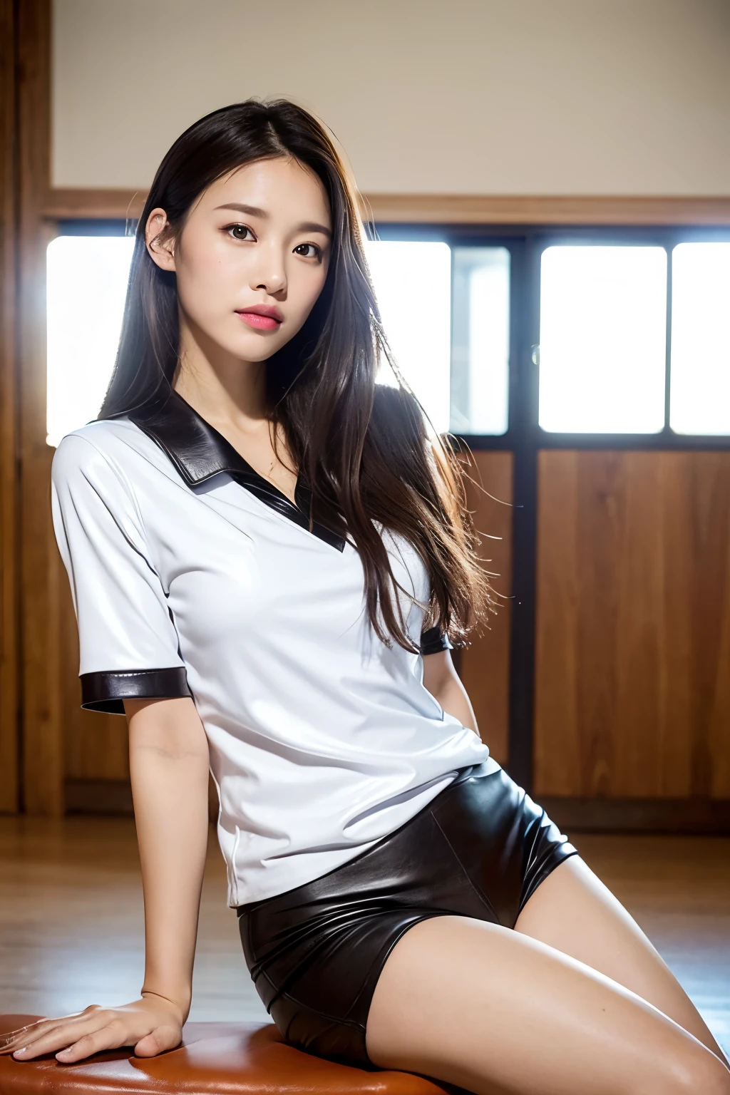(Photo realism: 1.4), (Surrealism: 1.4), (Practical: 1.3), (soft light: 1.05), (Improved lighting: 0.9), 32k, 1 girl, 20 year old girl, Practical lighting, Backlight, face light, Ray Tracing, (Whitening Light: 1.2), (Image Enhancement: 1.4), ( Top quality leather: 1.4), Narrow your eyes, delicate face, Narrow your eyes, (Body lines, mood boost: 1.1), Breasts that are too large, Large target, (Improve skin quality and beauty: 1.1),volleyball uniform:1.4, indoor_volleyball_court_background:1.4, Thighs Thighs Thighs Thighs, protrude , crotch
