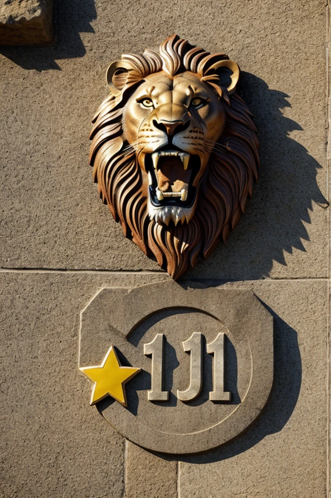 lion roaring on a stone, que tenga una camiseta de color rojo, In the lower right corner there is a yellow star with the number 10 inside.