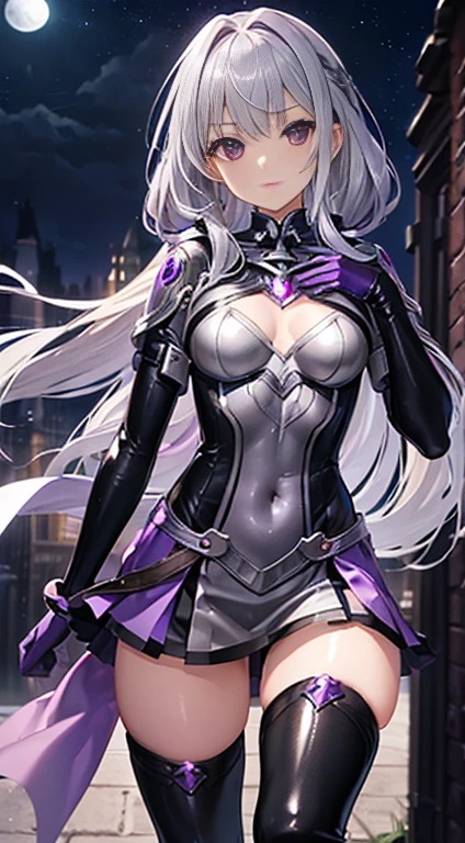 One Woman,,((Gray Hair) ,((())), ((Normal chest)), (())(()),(Shiny purple bodysuit and miniskirt))),,((Fantasy,Moonlit Night))(())