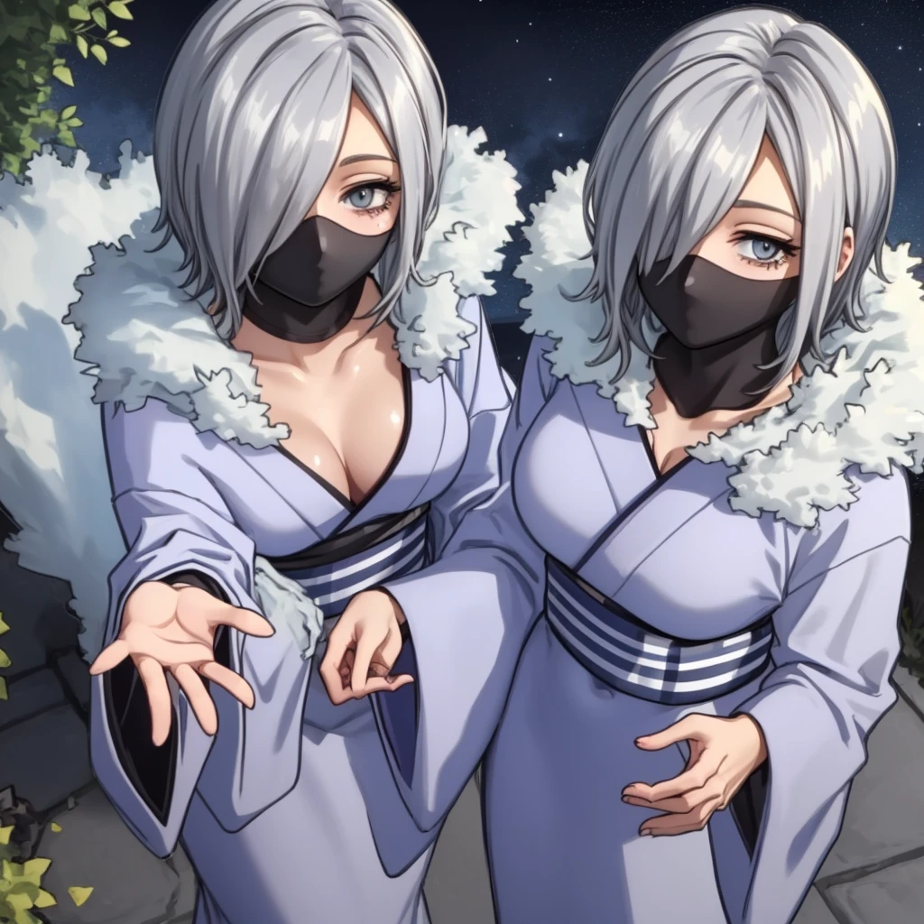 YanagiHS1, solo, 1girl, short hair, grey hair, (hair over one eye:1.2), mask, (mouth mask:1.2), looking at viewer, fur trim, breasts, grey eyes, navel, cowboy shot, kimono, japenese clothes, long sleeves, sash, obi, black mask, wide sleeves, bangs, one eye covered, grey kimono, shiny skin, outdoors, night, stars, trees, bushes, lights, streetlights, clouds, (narrowed eyes:1.3), (squinted eyes
:1.3), (eyebags,:1.3), ((from above:1.1)),