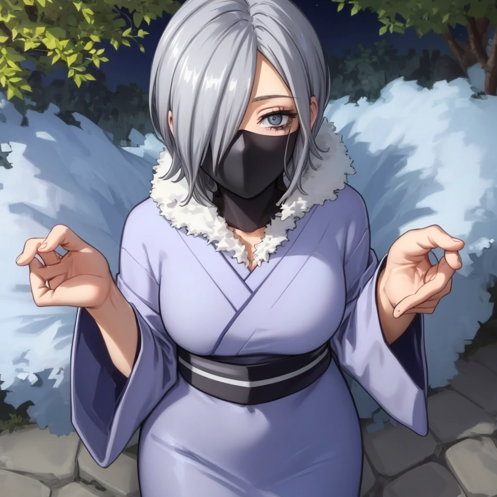 YanagiHS1, solo, 1girl, short hair, grey hair, (hair over one eye:1.2), mask, (mouth mask:1.2), looking at viewer, fur trim, breasts, grey eyes, navel, cowboy shot, kimono, japenese clothes, long sleeves, sash, obi, black mask, wide sleeves, bangs, one eye covered, grey kimono, shiny skin, outdoors, night, stars, trees, bushes, lights, streetlights, clouds, (narrowed eyes:1.3), (squinted eyes
:1.3), (eyebags,:1.3), ((from above:1.1)),