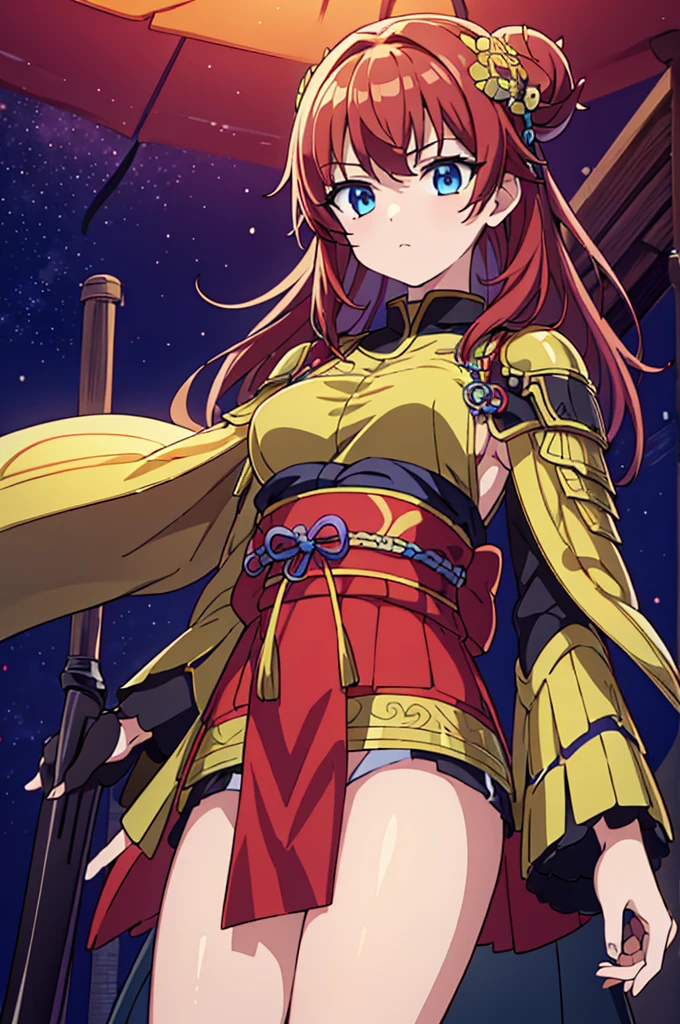 Highest quality, masterpiece, High resolution, alone, （Fire Emblem Alvis），（Fire Emblem: Genealogy of the Holy War），Falaflame，Japanese sword，kimono，Great armor、Shogun，（armor），（red‗マント），（red_Hair Color），Young Girl，Starry Sky_background，Anime Style, Highest quality, 4k, masterpiece,， alone, 1,whole body，looking at the camera, Shinkai Makoto style, Sharp Eyes，（Full Finger）, （Accurate fingertips）, （The finer details）, （Anatomically correct）, (映画のbackground), Hyper Detail, (Subtle details), (Intricate details),