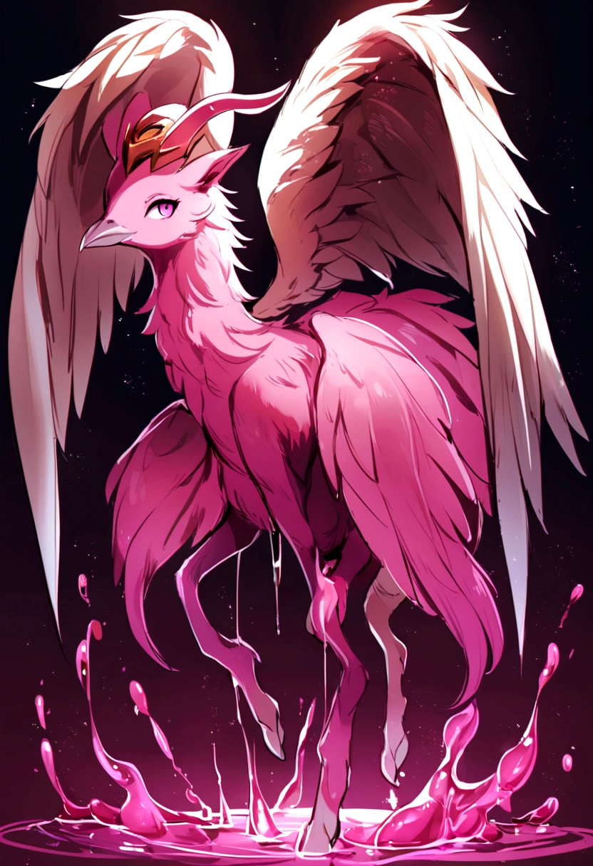 The goat that like a pigeon and flying - fox  , flying fox wings , 4 legs , ears , horn , dark red aura , pink white eyes , liquid pink fur , beak , scarft , an animal , not a human
