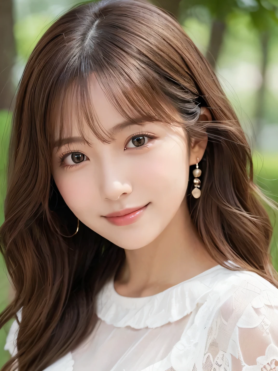 Realistic:1.2,masterpiece,Highest quality，98k,((One Woman)),20-year-old,Japanese women、Tight waist,Perfect Anatomy, Brown Hair, Wavy Hair,Random Hairstyles,Big beautiful breasts,((Fully detailed face and eyes:1.2))((Cute face:1.2))，Random Pause，smile、lace short blouse、Full Body Shot,Natural Face