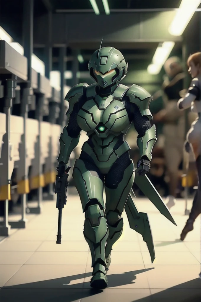 A 21 year old、Strong build、Wearing《Doom》Green Doom Marine armor and helmet、Full breasts、Strong woman holding giant futuristic rifle，walking down hallway of futuristic space station