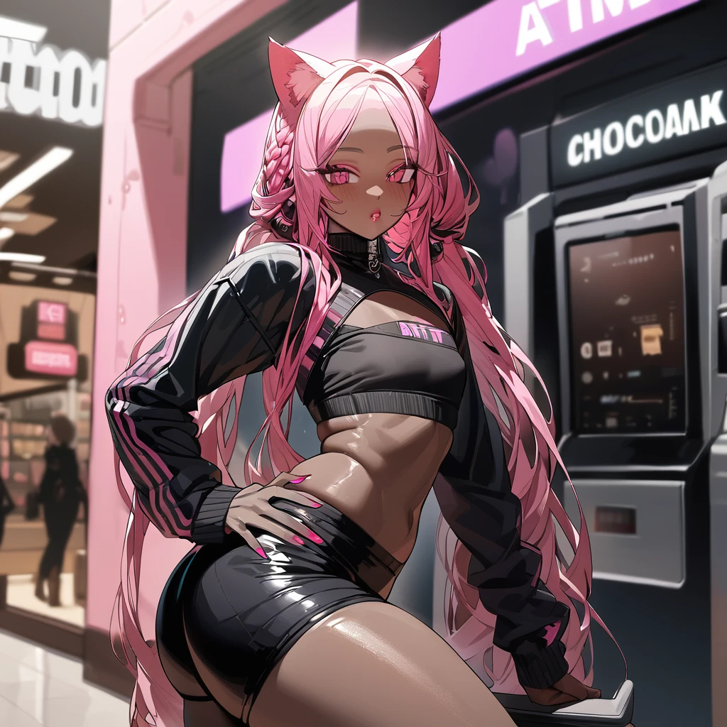 Best quality, highly detailed, ultra detailed, 1 very Dark brown skin boy, chocolate skin, flat chest, male chest, curvy body, long dreadlocks, pink dreadlocks, pink eyes, cat ears, lipgloss, wearing black long sleeve crop top, biker shorts, booty, atm background