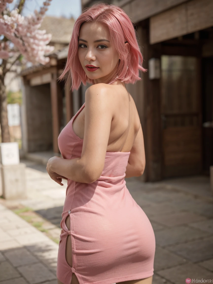 score_9, score_8_up, score_7_up, score_6_up,score_5_up,score_4_up, BREAK lightningfarron,outdoors,dappled sun light,garden,flowers,yellow sundress,big butt,looking at viewer,pink hair,blue eyes 