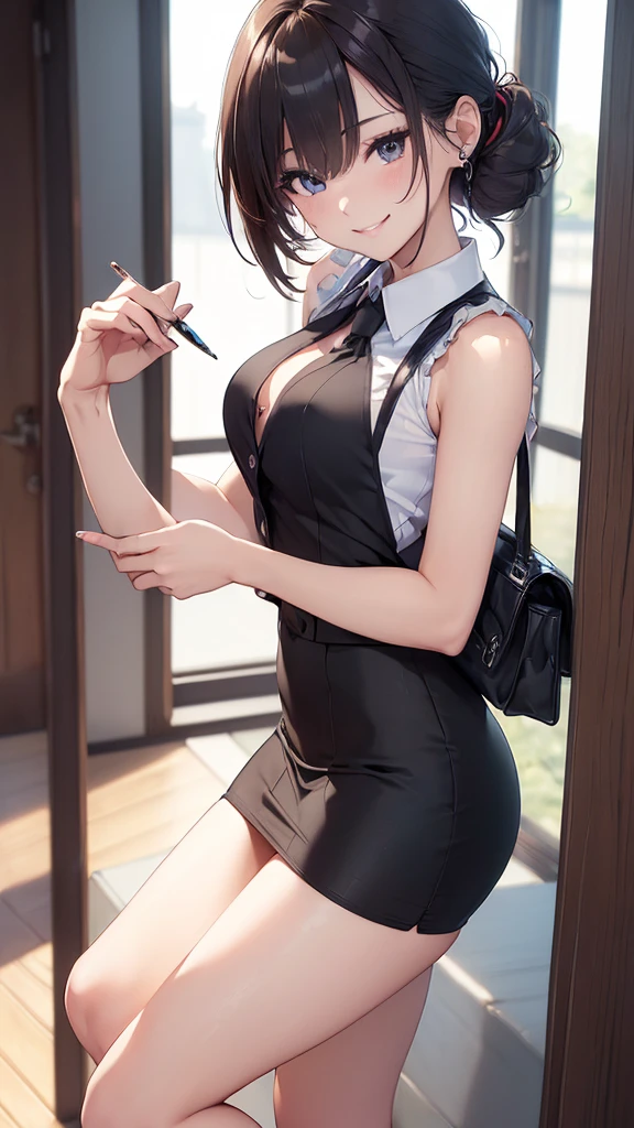(((masterpiece))),(((High resolution)))、(((8K)))、(((perfect face)))、(((Japan beauty)))、20 years old、((sleeveless business shirt, business mini pencil skirt)), look at the camera, thighs、((top quality eyes)), detailed texture, ((high resolution face)), ((cute smile))