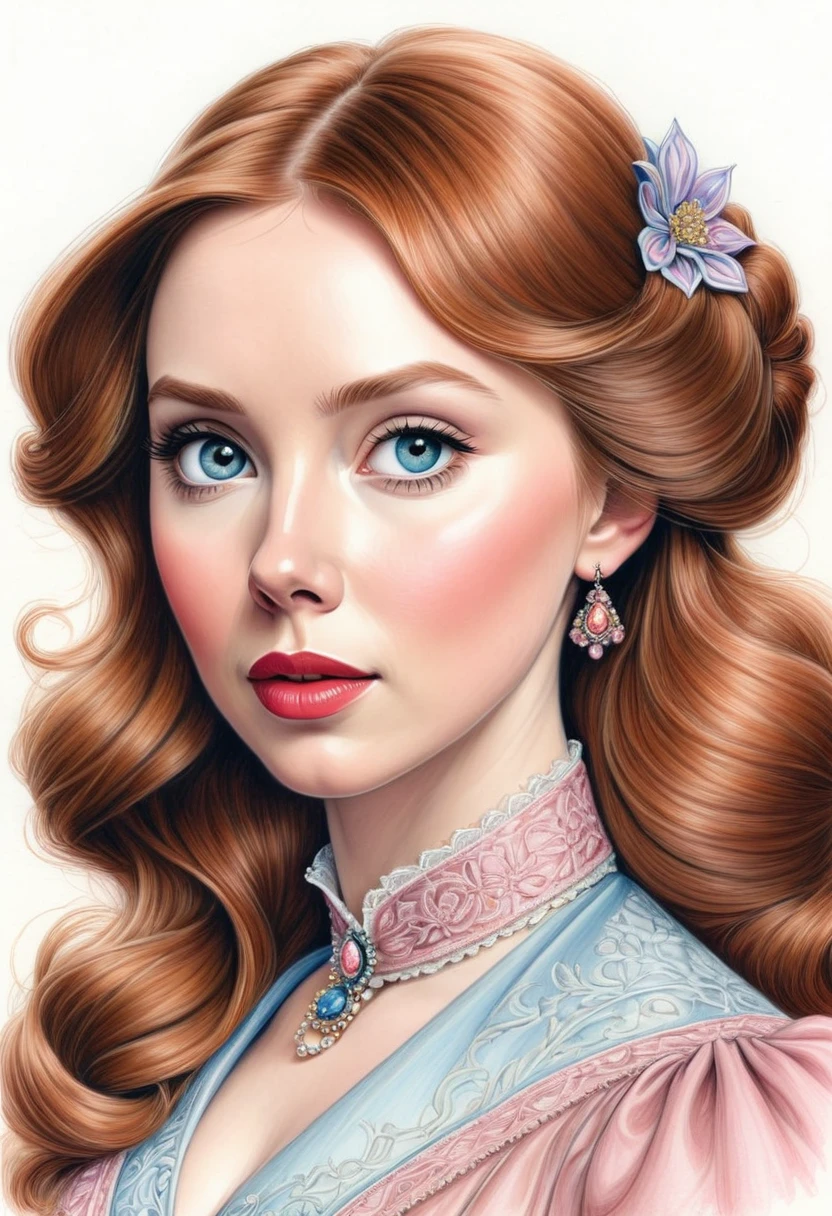 A colored pencil sketch of a beautiful victorian women who is a mash up of Molly Quinn, Scarlett Johanson and Alison Brie.