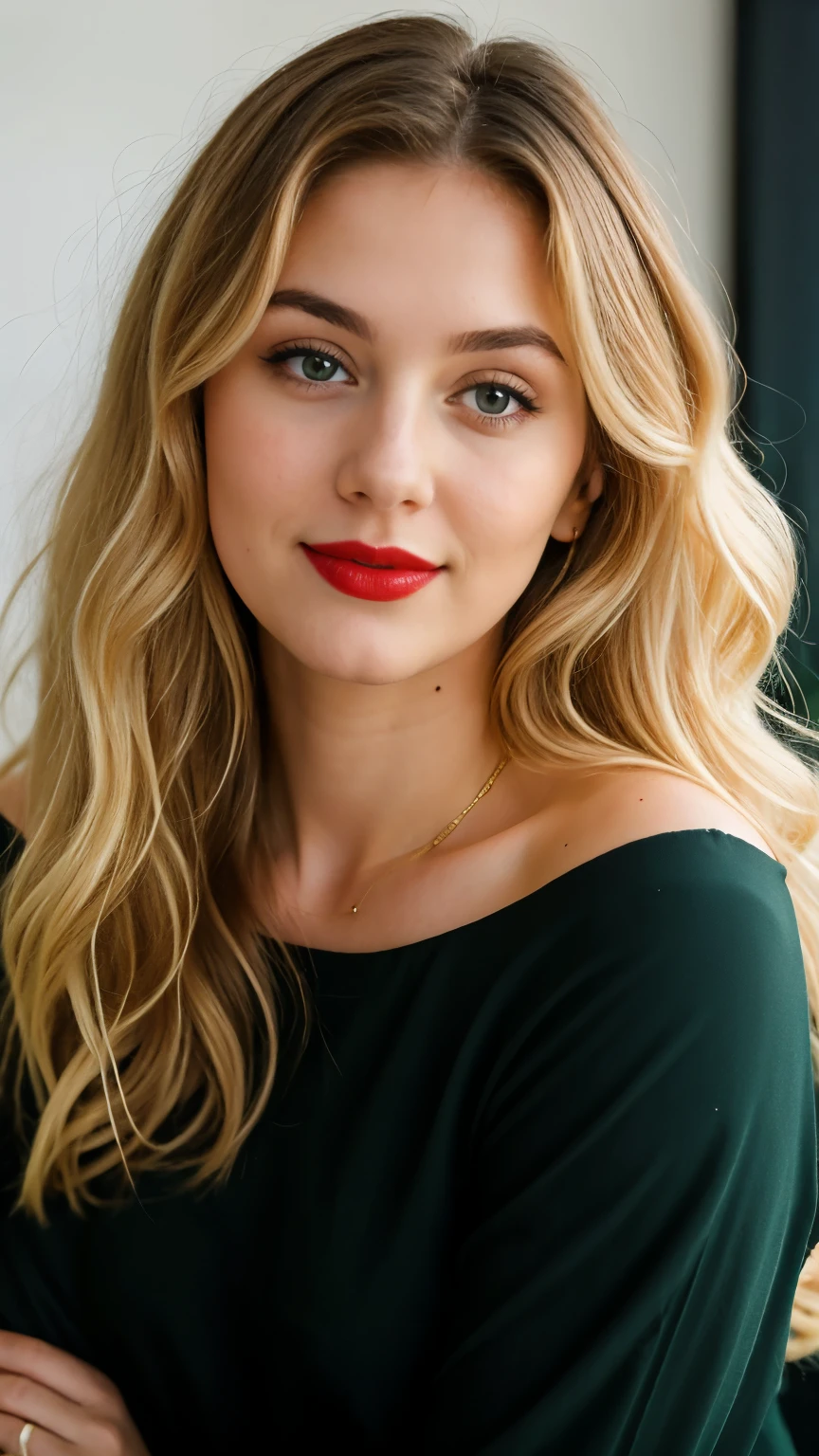 Blonde woman, curly hair, long hair below the shoulder, green eyes, about 22 years old. She has a soft smile, a mouth with thick lips painted with red lipstick, there is a small black mole next to her mouth, a small nose and next to her there is a white man with black hair looking at her in love, he must be around 50 years old