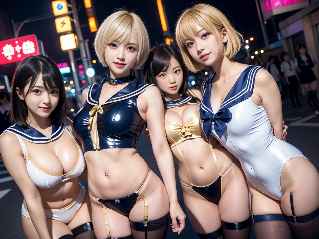 8K resolution, surreal, Super detailed, high quality, perfect anatomy, jammed, 5 women, group shot, smiling, cute face, Phenomenally cute, perfect proportion, full body, (Japanese high school girl uniform, satin and latex uniform, sleeveless, summer, sailor collar, shiny navy leotard)+++, navel, sheer stocking, night neon street background, (bleached short gold hair)+++, large breasts, invite you inside, eyes of temptation, looking at viewer, inviting eyes, idol