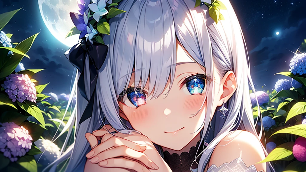 Best quality、Photorealistic、Ultra-detailed、delicate、Orderly、High Detail、Bluish Silver Short Bob、(Drooping heterochromia iris,glowing eyes、Sparkling Eyes:1.3)、slender、(One girl:1.2)、(moon、night、Night Sky、Dark Night、Glowing Hydrangea、Mysterious Light、Girl hugging herself:1.3)、Ambient Occlusion、Ambient Light、Ray-traced Reflections、Glow、Shiny Hair、