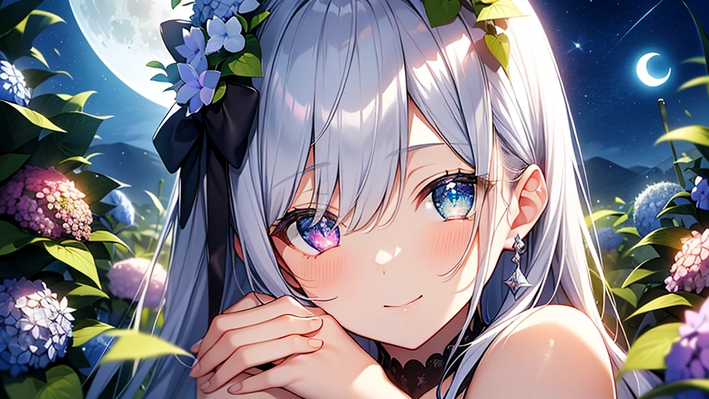 Best quality、Photorealistic、Ultra-detailed、delicate、Orderly、High Detail、Bluish Silver Short Bob、(Drooping heterochromia iris,glowing eyes、Sparkling Eyes:1.3)、slender、(One girl:1.2)、(moon、night、Night Sky、Dark Night、Glowing Hydrangea、Mysterious Light、Girl hugging herself:1.3)、Ambient Occlusion、Ambient Light、Ray-traced Reflections、Glow、Shiny Hair、