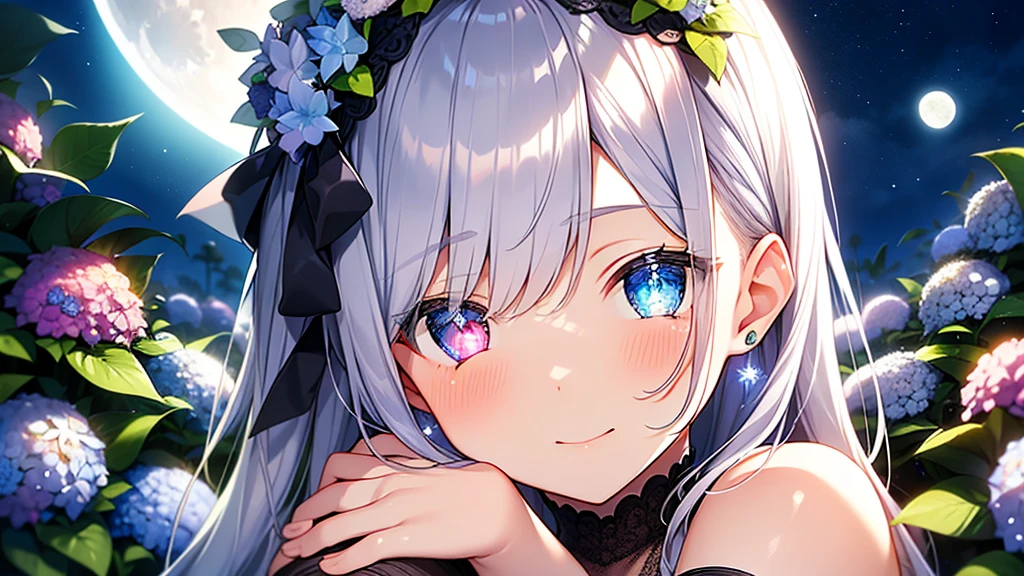 Best quality、Photorealistic、Ultra-detailed、delicate、Orderly、High Detail、Bluish Silver Short Bob、(Drooping heterochromia iris,glowing eyes、Sparkling Eyes:1.3)、slender、(One girl:1.2)、(moon、night、Night Sky、Dark Night、Glowing Hydrangea、Mysterious Light、Girl hugging herself:1.3)、Ambient Occlusion、Ambient Light、Ray-traced Reflections、Glow、Shiny Hair、
