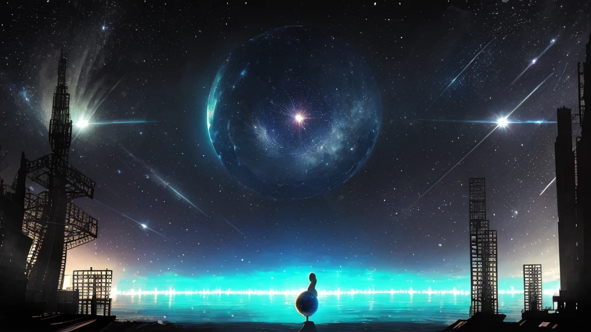 Create an image of a night sky with celestial bodies, inspired by a retro, mechanical stage set design. The scene should include intricate gears and machinery that appear to control the movement of the stars and planets. The backdrop is a deep, starry sky with prominent celestial spheres, reminiscent of an old astronomical map. The foreground features whimsical, slightly vintage buildings and pine trees, with a magical, otherworldly atmosphere.