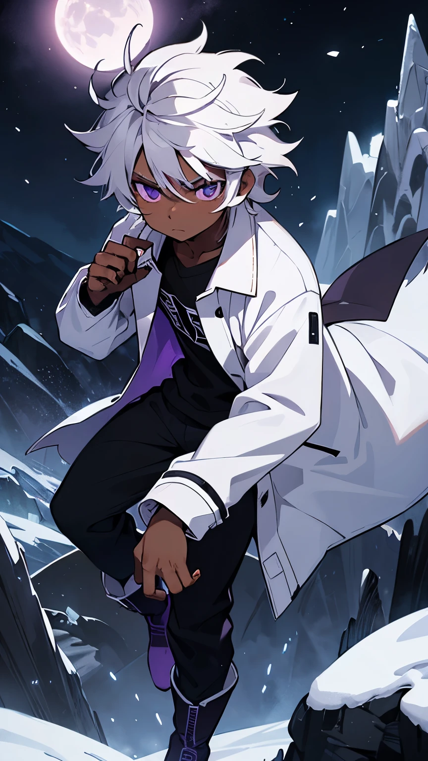 Young male, dark skin, white hair, messy hair, purple eyes, black long-sleeved shirt, white coat, black sweatpants, white boots, on a mountain at night, cold expression, using magic claws on his hand like a glove