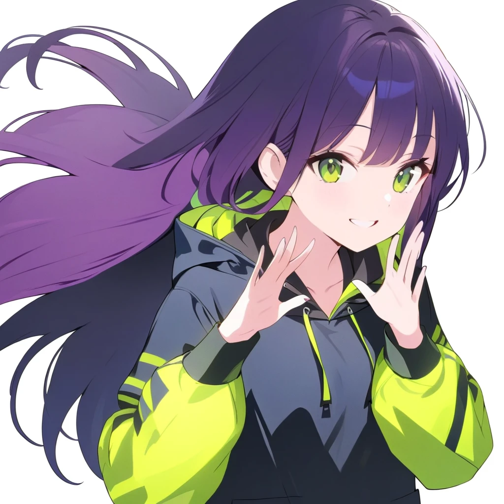 (masterpiece, Highest quality:1.2), whole body、One girl, alone、Straight Long Hair、Dark blue long hair、Purple hair tips、Fluorescent yellow-green eyes、Black anorak parka、smile、smile、White background、No background、Highest quality、最高masterpiece、whole body