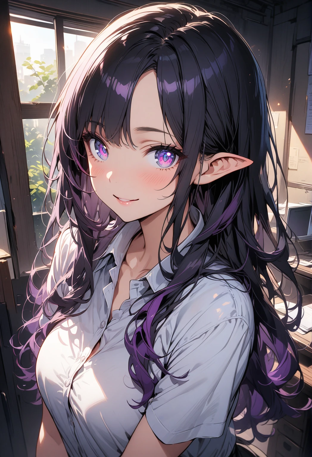 ((highest quality, masterpiece, ultra high definition, high resolution)), ((ultra-detailed illustrations:1.2)), 1 girl, solo, anime style, beautiful hair, parted bangs, loose hair, long hair, black hair, dark purple hair, multi colored hair, beautiful detailed eyes, beautiful detailed pupils, violet eyes, looking at viewer, pointed ears, smile, mid-chest, white shirt, collared shirt, short sleeves, black mini skirt, pantyhose, shiny skin, shiny, indoor, office