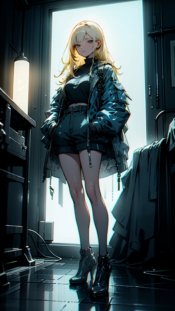 1 girl, long Yellow hair , cyberpunk, blue eyes, high heels, hand in pocket, best quality, 4k, 8k, highres, masterpiece:1.2, ultra-detailed, realistic, photorealistic, photo-realistic:1.37, HDR, UHD, studio lighting, ultra-fine painting, sharp focus, physically-based rendering, extreme detail description, professional, vivid colors, bokeh, cyberpunk, science fiction, neon lights, dark atmosphere, dramatic lighting