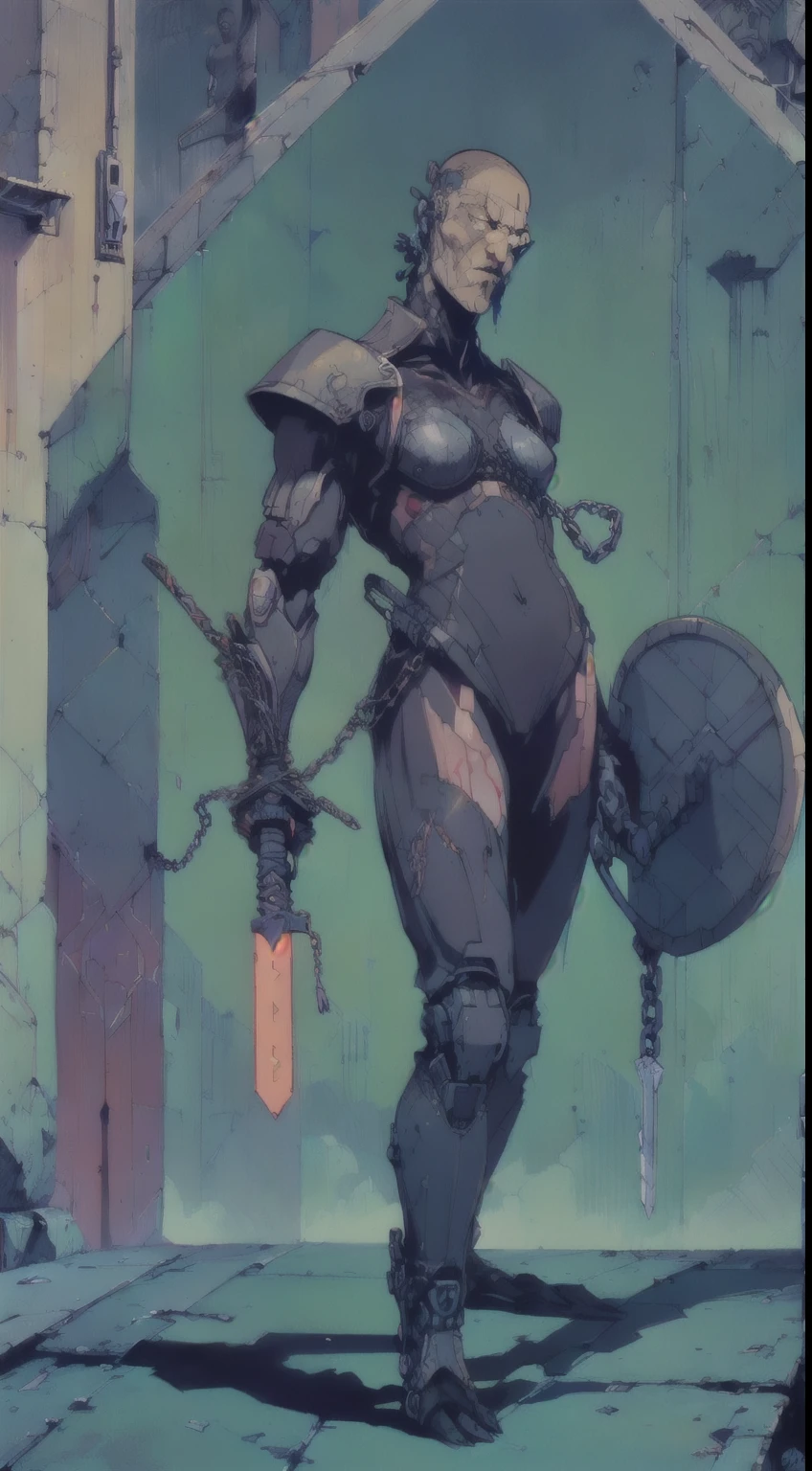 1man, giant brutish man, perfect proportions, anatomically correct, (head to toe: 2.0), (full body image: 2.0), solo, extremely stylized, masterpiece, highly detailed, detailed eyes, expressive detailed eyes, detailed pupils, futuristic, ((wearing medieval armor )), ((holding a sword and shield)), (cybernetic arms:1.4), big boots, entire body image, full body shot, large beads, (large tassels), inkpunk, paint platter, ink splatter, (action pose:1.0), ((chainmail shirt)), old warrior, long beard, ((armor shoulders))