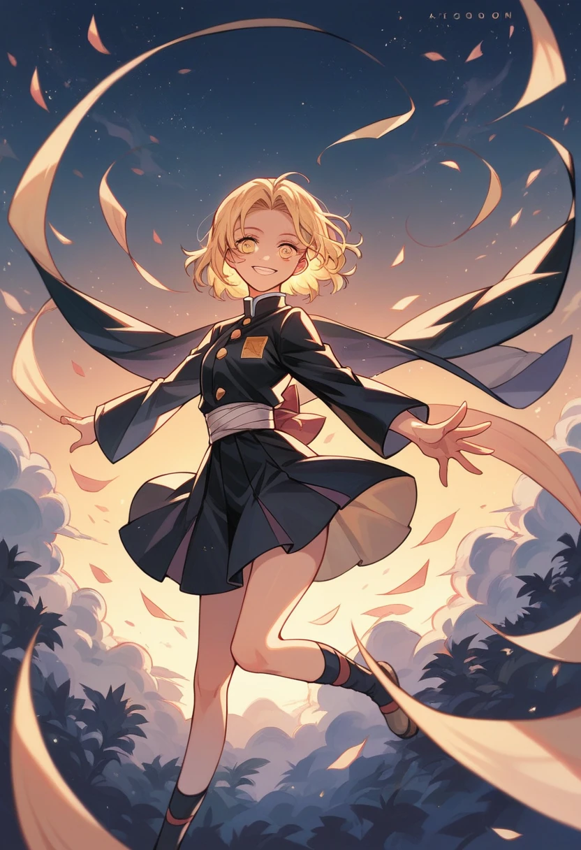 One girl, fair skin, smiling, blonde hair, chignon, tanzanite eyes, Demon Slayer uniform, long sleeves, skirt, white haori, night sky, masterpiece, best quality
