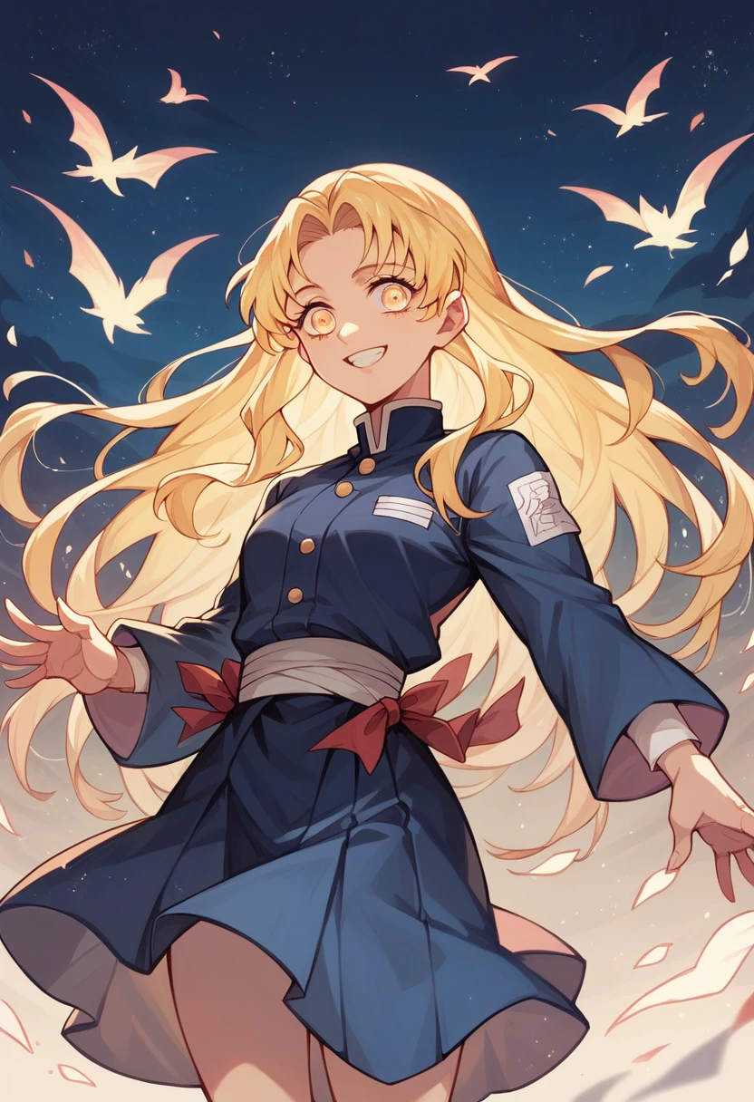 One girl, fair skin, smiling, blonde hair, chignon, tanzanite eyes, Demon Slayer uniform, long sleeves, skirt, white haori, night sky, masterpiece, best quality