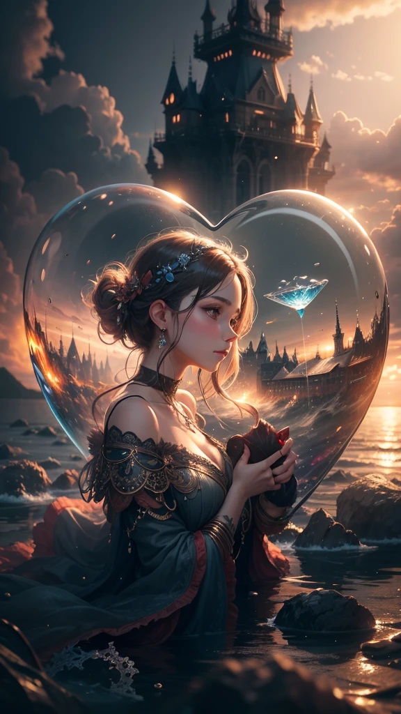 lovely double exposure image by blending together a man and a woman a stormy sea and a heart inside a glass mind. The sea should serve as the underlying backdrop, with its details subtly incorporated into the glossy glass mind, sharp focus, double exposure, glossy glass mind, (translucent glass figure of an heart) (sea inside) lifeless, dead, glass mind, earthy colors, decadence, intricate design, hyper realistic, high definition, extremely detailed, dark softbox image, raytracing, cinematic, HDR, photorealistic (double exposure:1.1), many more small hear shaped water drops.