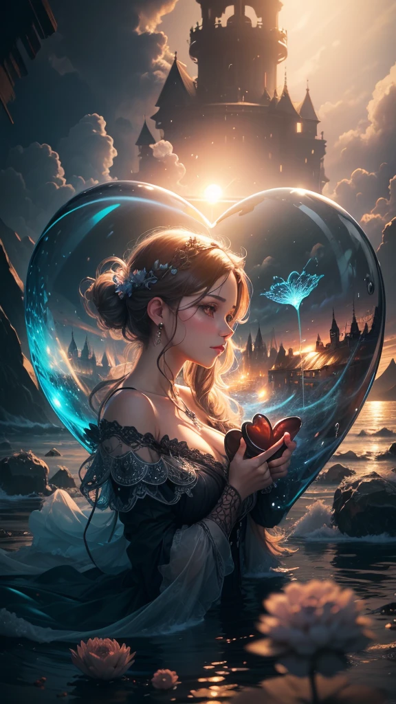 lovely double exposure image by blending together a man and a woman a stormy sea and a heart inside a glass mind. The sea should serve as the underlying backdrop, with its details subtly incorporated into the glossy glass mind, sharp focus, double exposure, glossy glass mind, (translucent glass figure of an heart) (sea inside) lifeless, dead, glass mind, earthy colors, decadence, intricate design, hyper realistic, high definition, extremely detailed, dark softbox image, raytracing, cinematic, HDR, photorealistic (double exposure:1.1), many more small hear shaped water drops.