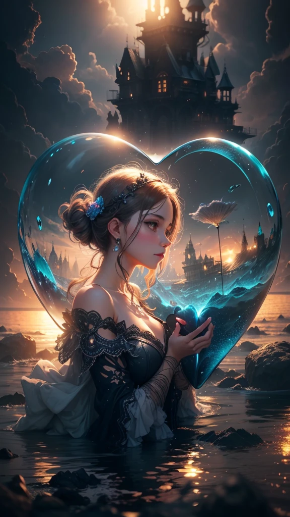 lovely double exposure image by blending together a man and a woman a stormy sea and a heart inside a glass mind. The sea should serve as the underlying backdrop, with its details subtly incorporated into the glossy glass mind, sharp focus, double exposure, glossy glass mind, (translucent glass figure of an heart) (sea inside) lifeless, dead, glass mind, earthy colors, decadence, intricate design, hyper realistic, high definition, extremely detailed, dark softbox image, raytracing, cinematic, HDR, photorealistic (double exposure:1.1), many more small hear shaped water drops.