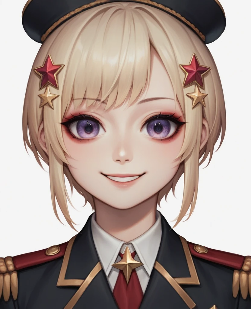 (Digital Illustration,Detailed anime style girl portrait,solitary,symmetry),(Colorful big eyes,Fashionable and exquisite facial features,Exquisite makeup,sweet smile,Star symbol on cheek,Soulful gaze,),(Fluffy bread,hairpin),(Black suit,Epaulette Chain,Cool,),Clean and simple white background,(((Correct human anatomy)))
