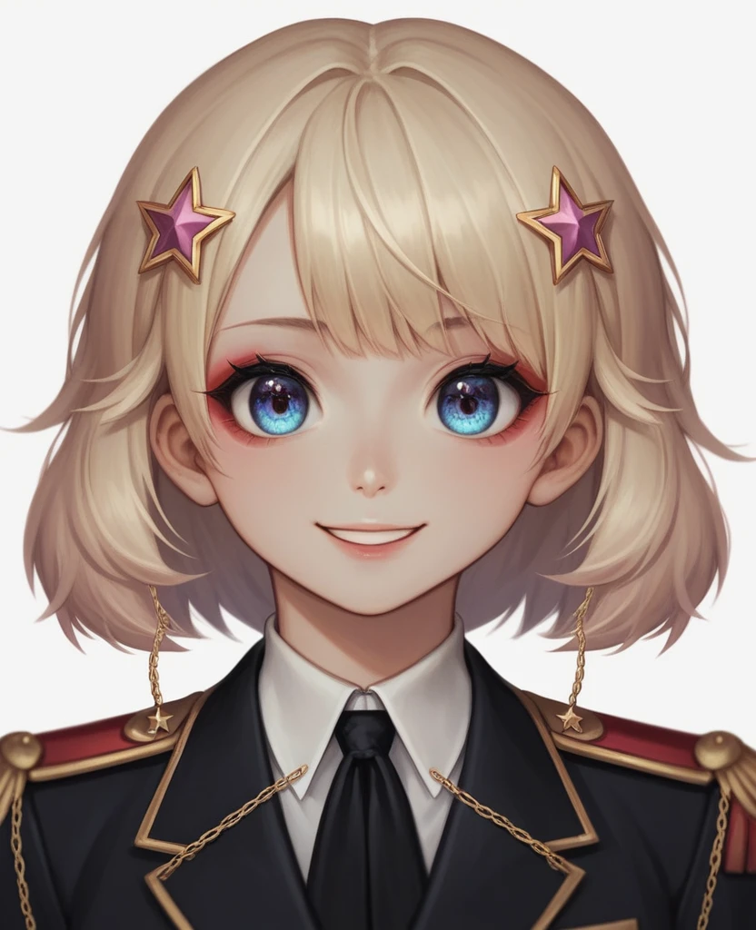 (Digital Illustration,Detailed anime style girl portrait,solitary,symmetry),(Colorful big eyes,Fashionable and exquisite facial features,Exquisite makeup,sweet smile,Star symbol on cheek,Soulful gaze,),(Fluffy bread,hairpin),(Black suit,Epaulette Chain,Cool,),Clean and simple white background,(((Correct human anatomy)))