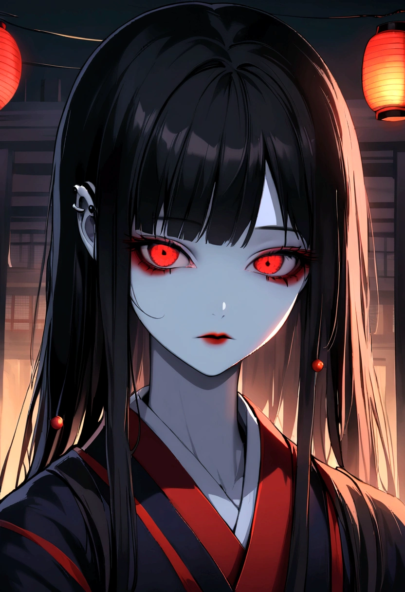 Beautiful female yokai artwork, Eye close-up. Beautiful Japanese Women, Old temple, Long Shadows, Red eyes, Lantern, Humanoid, kimono, melt into the darkness, quiet night, Spooky atmosphere,Pale skin, Long black hair, Piercing blue eyes, Natural background, Horror Style