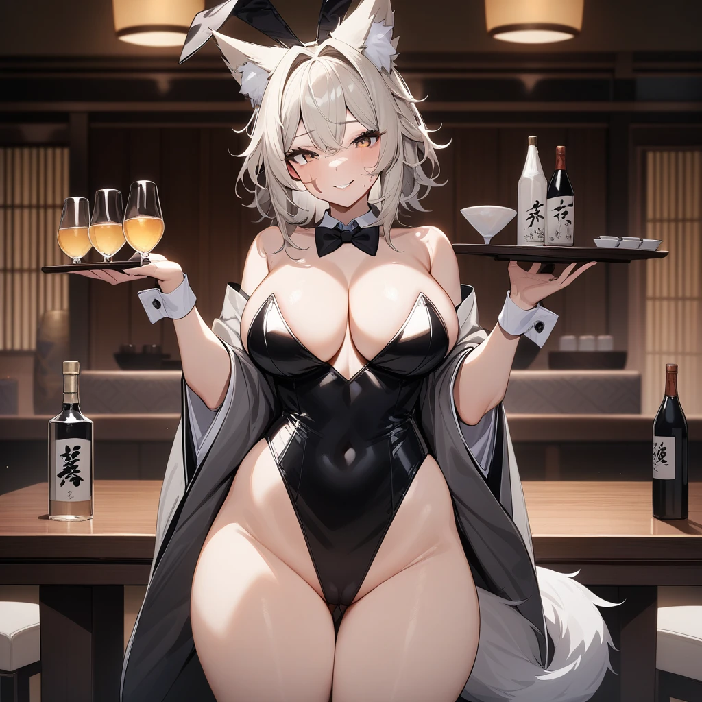 (masterpiece,best quality,very aesthetic),(disheveled hair)(ultra-detailed),1girl,solo,curvy,a platinum blonde fox tail,large breasts,(platinum blonde fox ears),short hair,platinum blonde hair,beautiful face,(messy hair),(disheveled hair),hair intakes,(fusion of gray kimono and white ultra highleg playboy bunny,bow tie,Layered clothing with white on both sides and black on the inside:1.2),loose chest,bare legs,luxurious decoration,(cameltoe:0.8),enjoyable,alluring smile,exciting,cheerful,brown foxy eyes,(scar on cheek:1.3),serving cocktail,standing,serving japanese sake bottle,japanese banquet hall,table,zabuton,cowboy shot