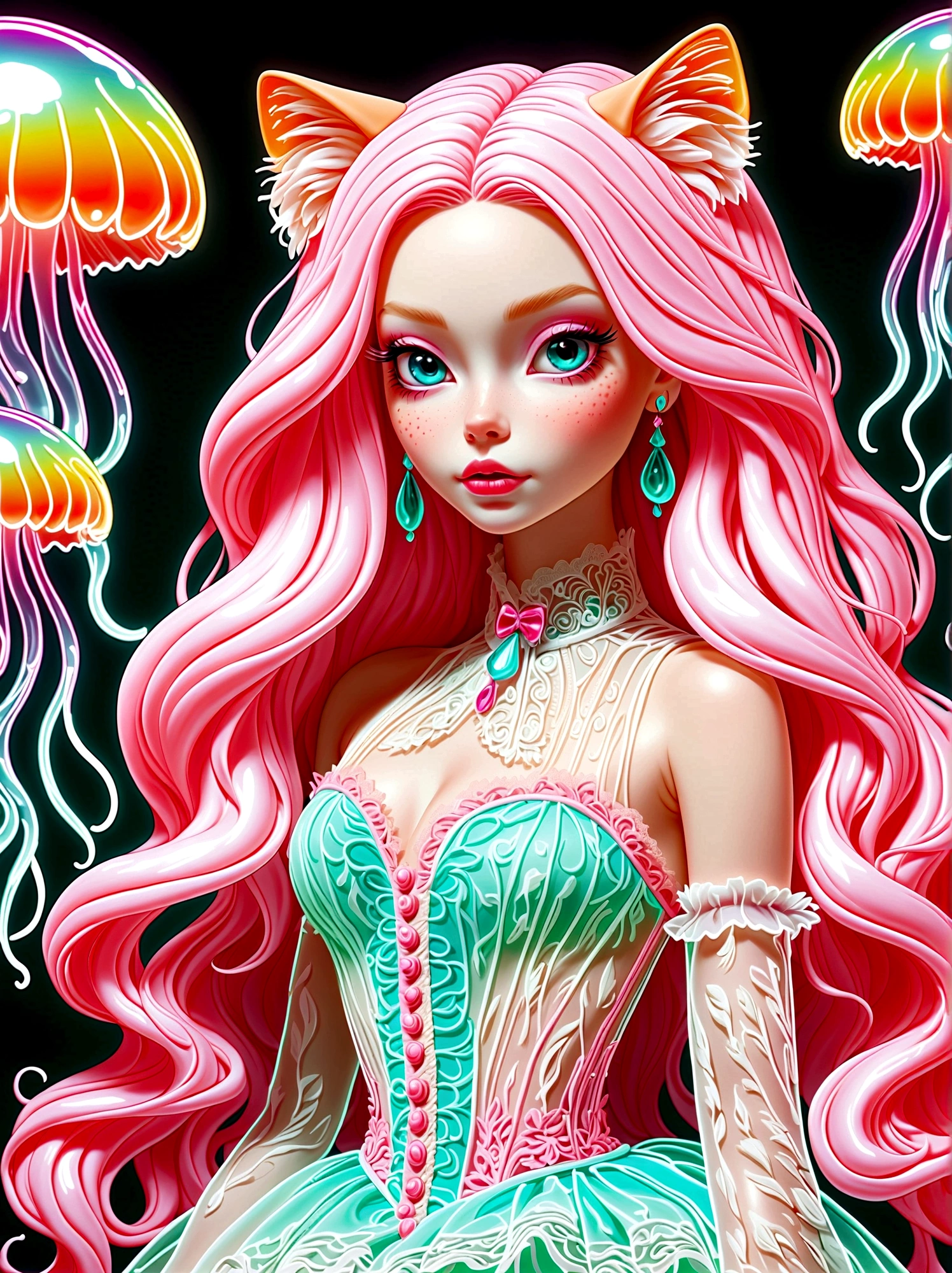 Neon, 发光的Neon玻璃制成,Transparent Materials,Gloss,Refraction Details,Albino cat,Longbearded jellyfish on the head,Long hair doll,Plastic lace long skirt,Renaissance,Baroque,Psychedelic,romantic,neon palette, pale color, 1nhdg1