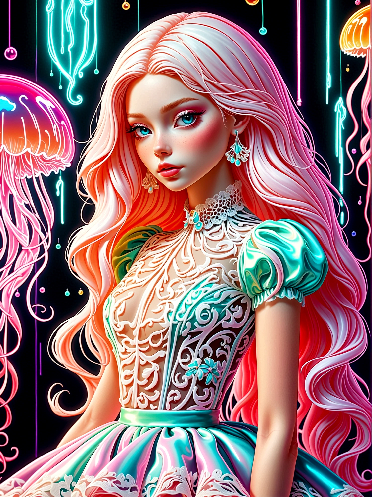 Neon, 发光的Neon玻璃制成，Transparent Materials，Gloss，Refraction Details，Albino cat，Longbearded jellyfish on the head，Long hair doll，Plastic lace long skirt，Renaissance，Baroque，Psychedelic，romantic，neon palette, pale color, 1nhdg1