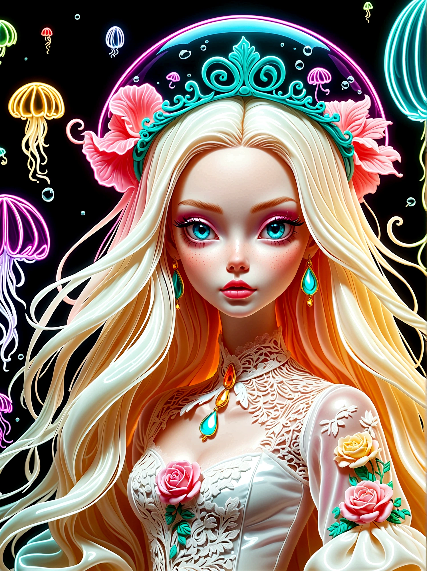 Neon, 发光的Neon玻璃制成，Transparent Materials，Gloss，Refraction Details，Albino cat，Longbearded jellyfish on the head，Long hair doll，Plastic lace long skirt，Renaissance，Baroque，Psychedelic，romantic，neon palette, pale color, 1nhdg1